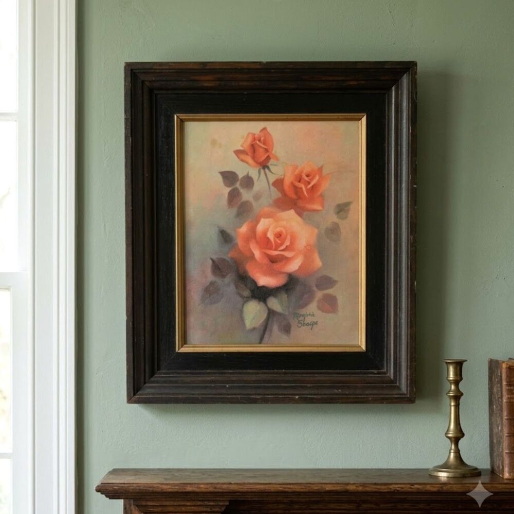 Vtg Floral Wood Frame Wall Art Signed Litho Print Peach Roses Cottagecore 12X14